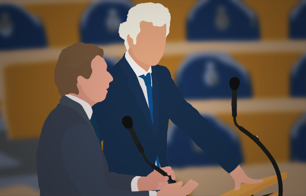 Thierry Baudet (FvD) en Geert Wilders (PVV) achter de interruptiemicrofoon in de Tweede Kamer.