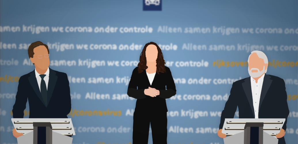 Premier Mark Rutte, gebarentolk Irma Sluis, en directeur Jaap van Dissel tijdens een persconferentie.